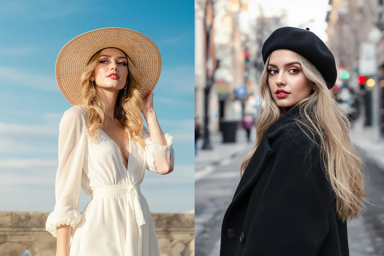 Comparatif visuel entre chapeau d’été (panama) et chapeau d’hiver (béret), deux femmes élégantes illustrant les styles saisonniers.