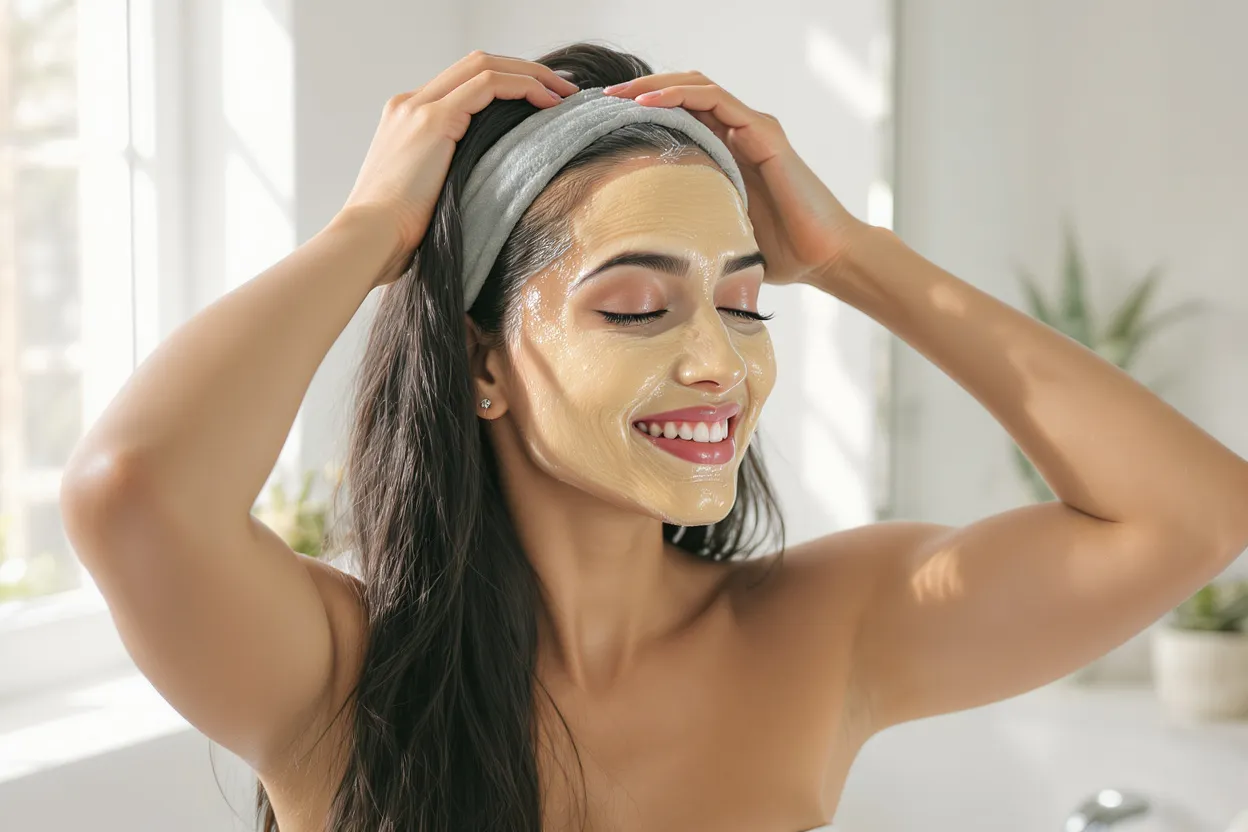 Femme appliquant un soin hydratant sur son visage et ses cheveux pour limiter le gonflement et les frisottis