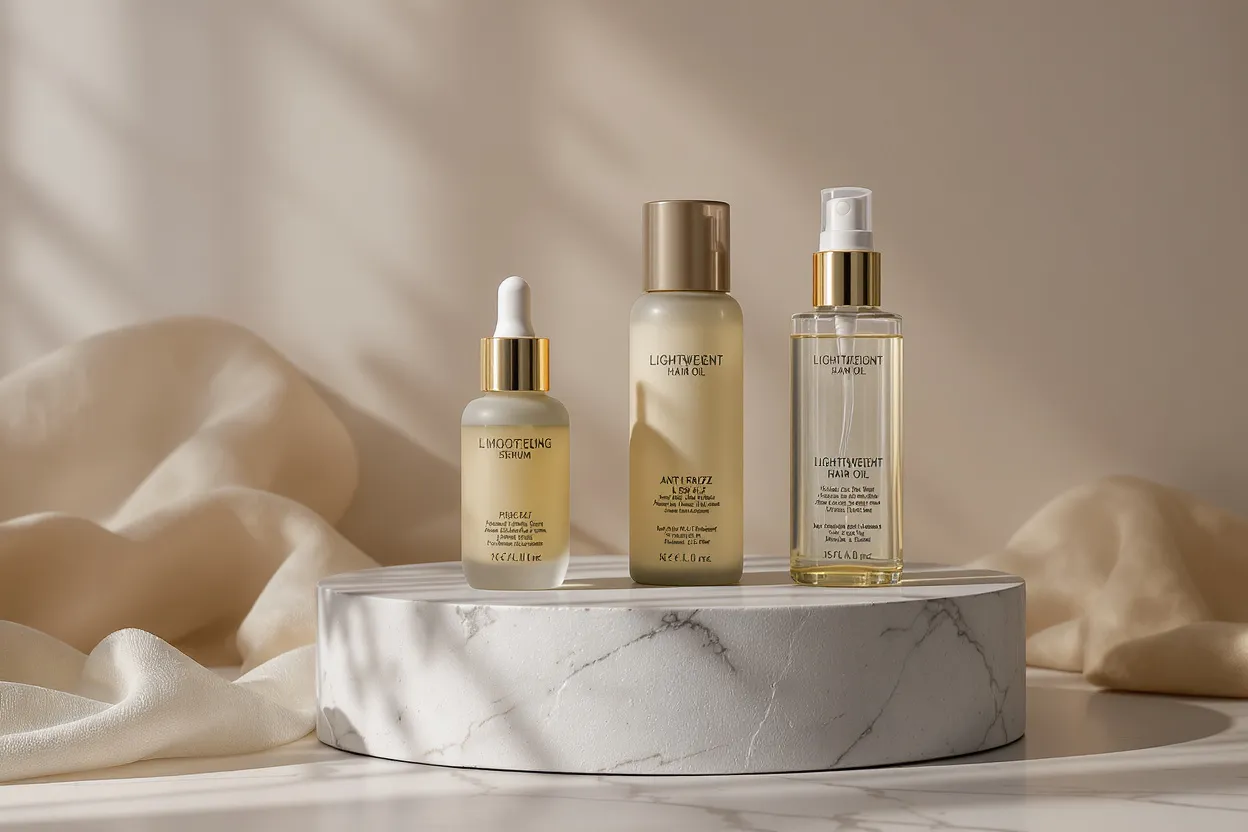 Produits capillaires anti-frizz incluant sérum lissant, huile légère et spray anti-humidité pour cheveux qui gonflent