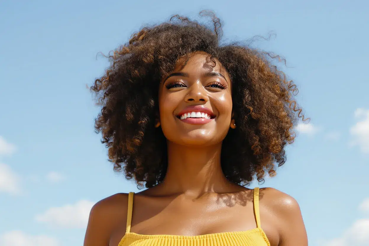 Femme avec cheveux naturels volumineux et assumés, montrant un style affirmé et une chevelure pleine de vie