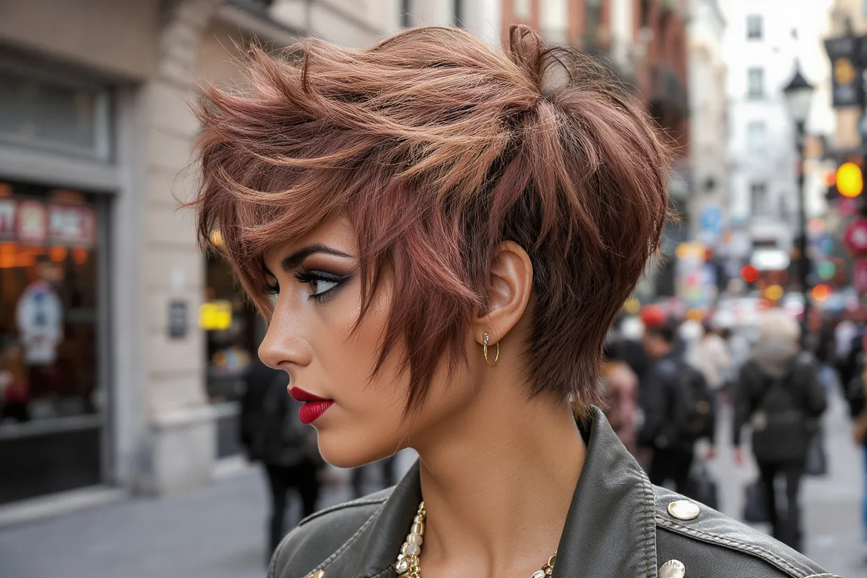 Femme coiffée d’une coupe shag années 70 avec mèches effilées et style rebelle inspiré du rock seventies