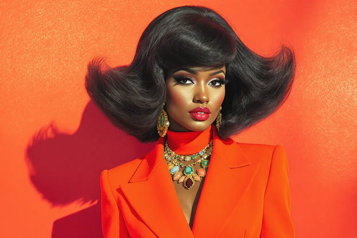 femme noire aux cheveux volumineux style années 70 posant dans une ambiance rétro glamour avec look féminin et tendance