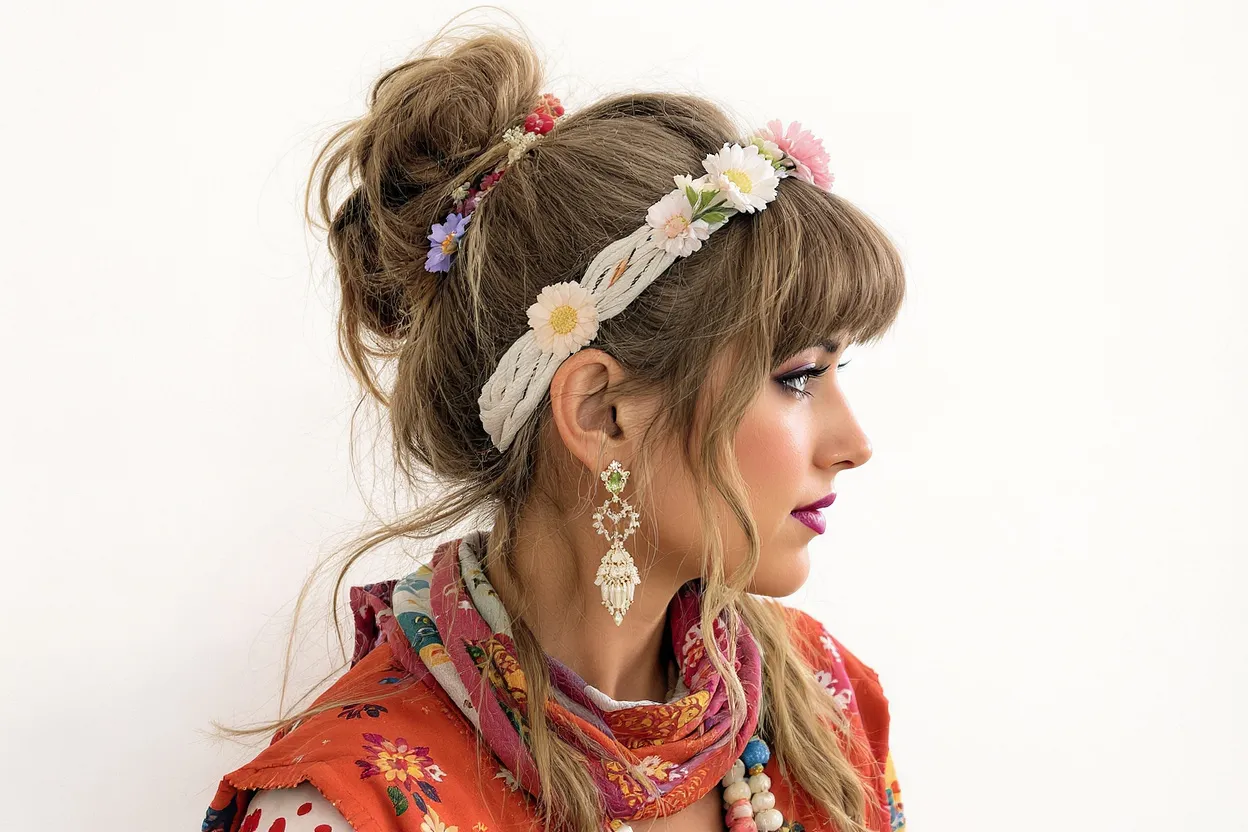 Femme coiffée d’un chignon bohème années 70 avec mèches libres et accessoire floral hippie chic