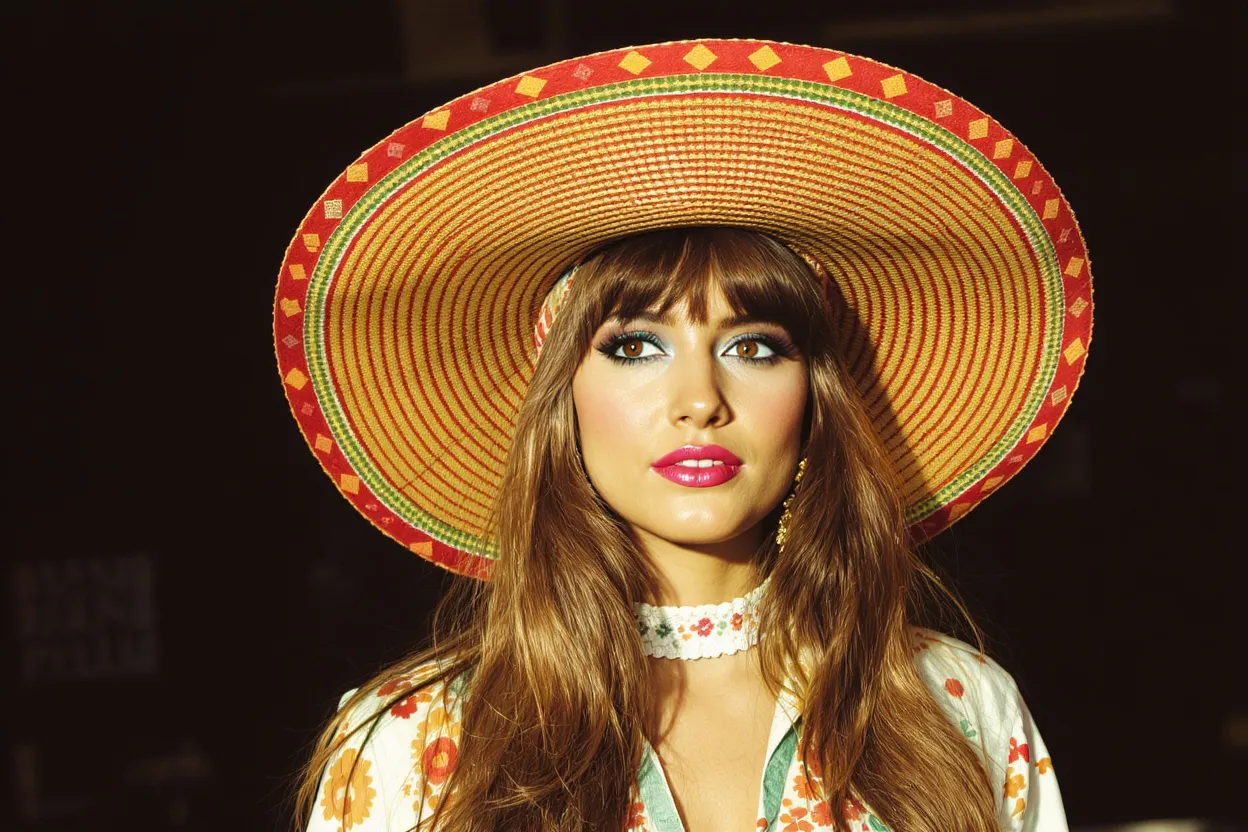 Femme cheveux longs avec bandeau coloré rétro années 70 donnant un style hippie chic naturel