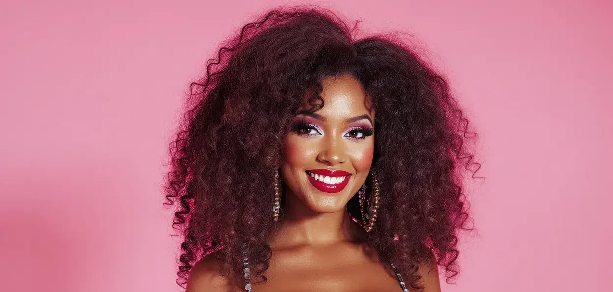 Femme coiffée de boucles disco années 70 serrées et volumineuses dans une ambiance festive