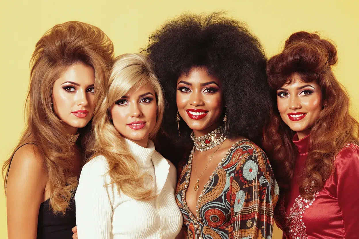 Groupe de femmes avec différentes coiffures années 70 emblématiques, du brushing glamour aux boucles disco