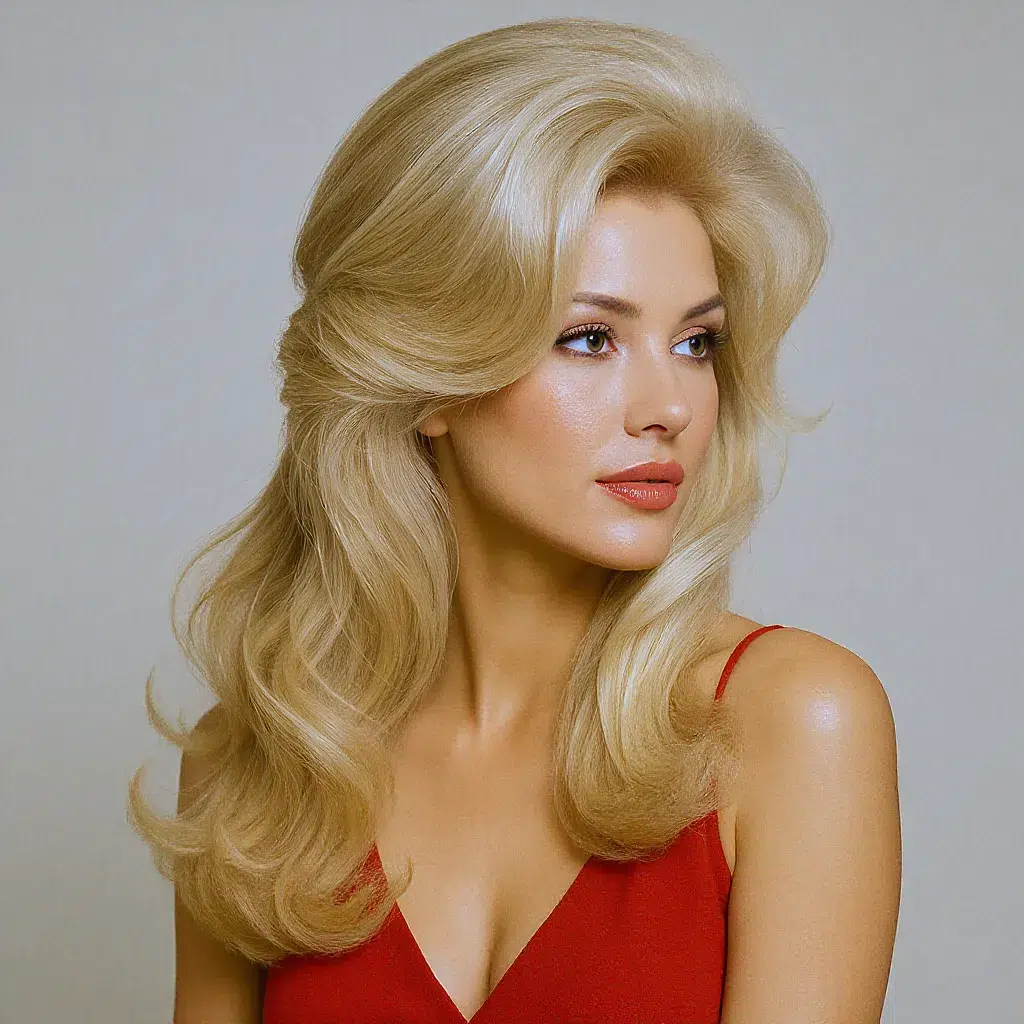 Femme aux cheveux longs blonds coiffés en brushing années 70 volumineux et sculpté façon Farrah Fawcett