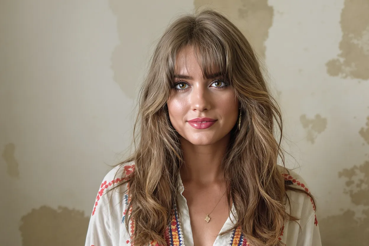 Femme cheveux longs wavy avec raie au milieu dans un style naturel inspiré des années 70