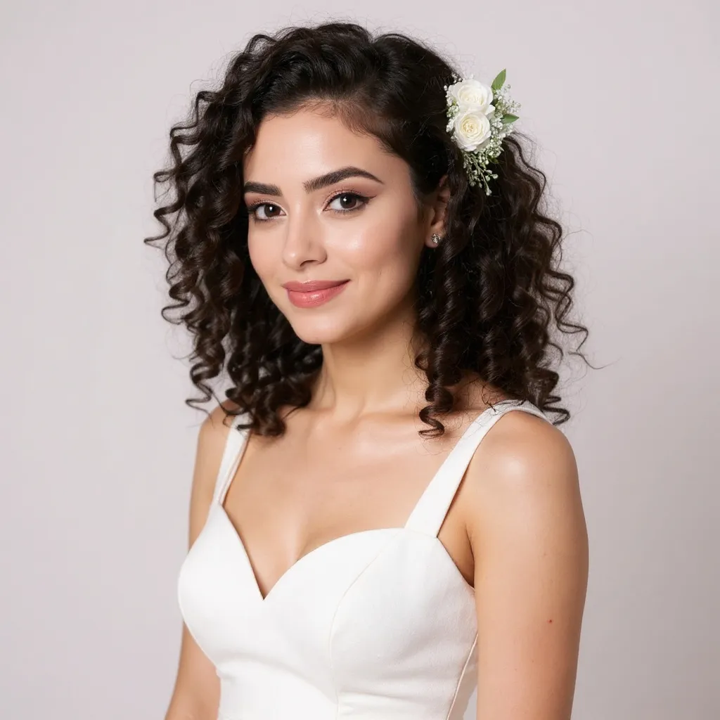 Mariée aux cheveux bouclés volumineux, accessoirisés d’un peigne fleuri blanc et vert, robe simple élégante
