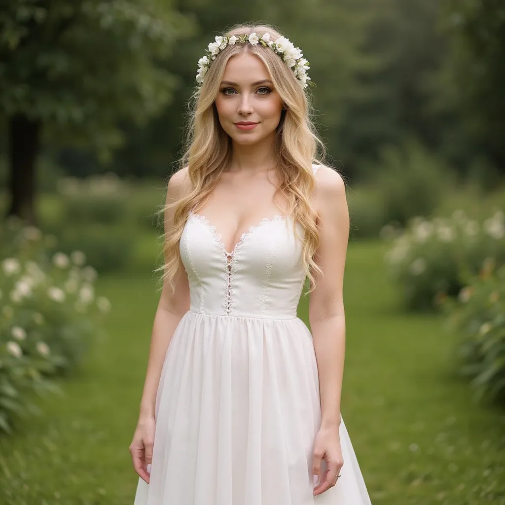 Mariée aux cheveux ondulés lâchés avec une couronne fleurie bohème pour mariage champêtre