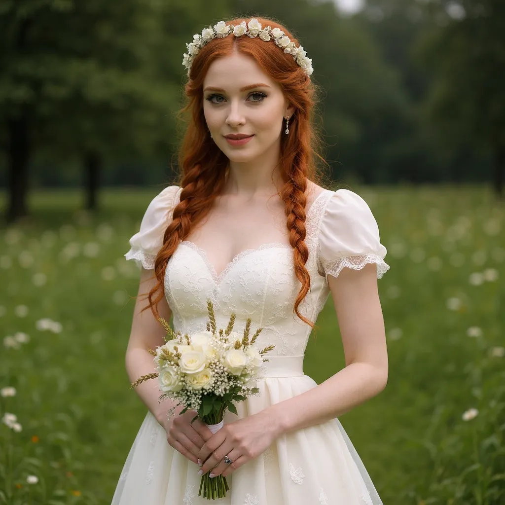 Mariée rousse coiffée d’une longue tresse en épi de blé au style bohème champêtre