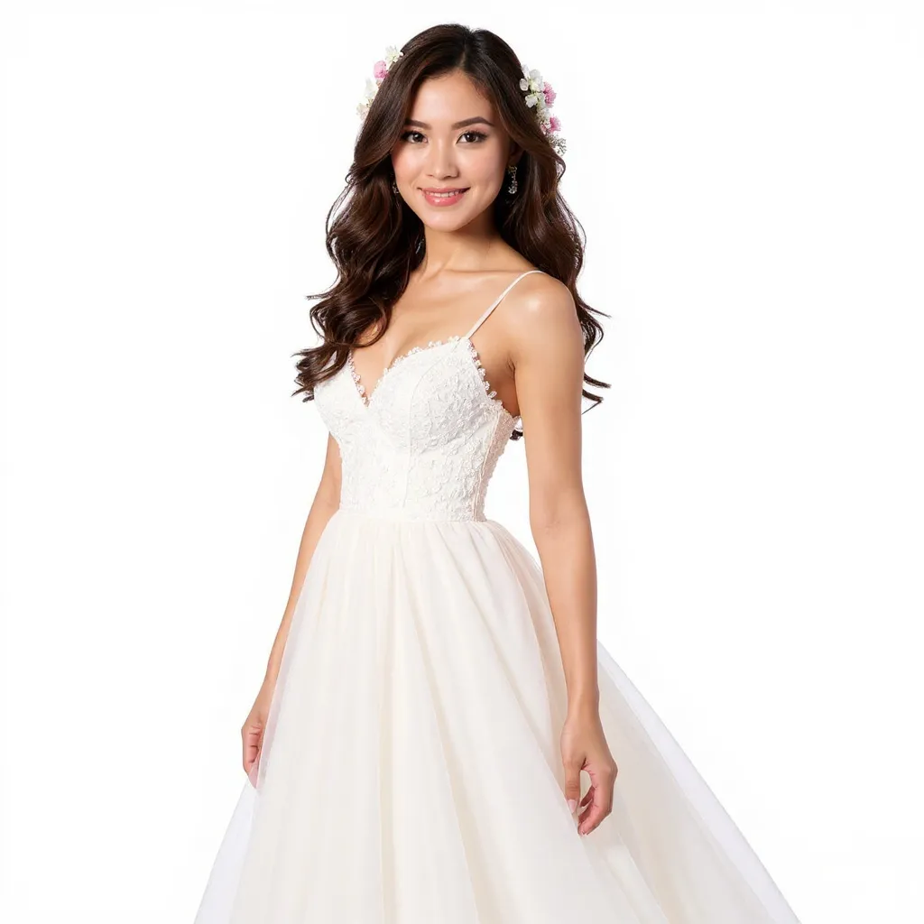 Mariée aux cheveux ondulés lâchés, décorés de petites fleurs éparses blanches et roses, robe fluide romantique