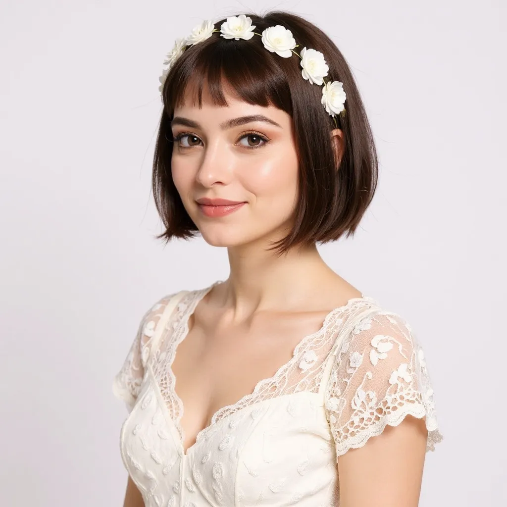 Mariée aux cheveux courts bruns, coupe pixie accessoirisée d’un headband fleuri blanc, robe simple bohème