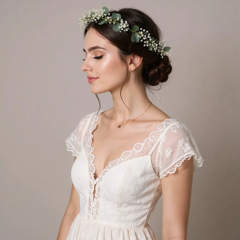 Chignon torsadé orné de feuillage vert et de petites fleurs blanches champêtres