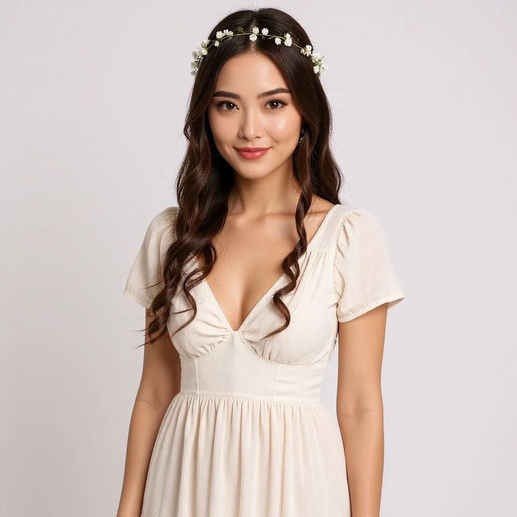 Mariée avec couronne tressée entourant la tête, décorée de petites fleurs blanches, robe fluide bohème