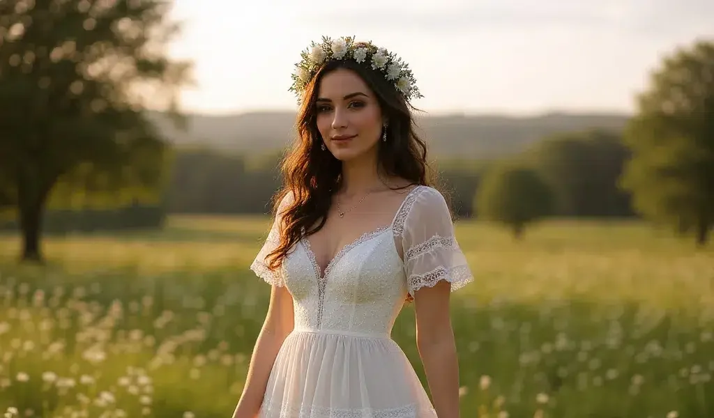 Mariée bohème dans un champ avec robe fluide et cheveux ondulés ornés d’une couronne de fleurs champêtres