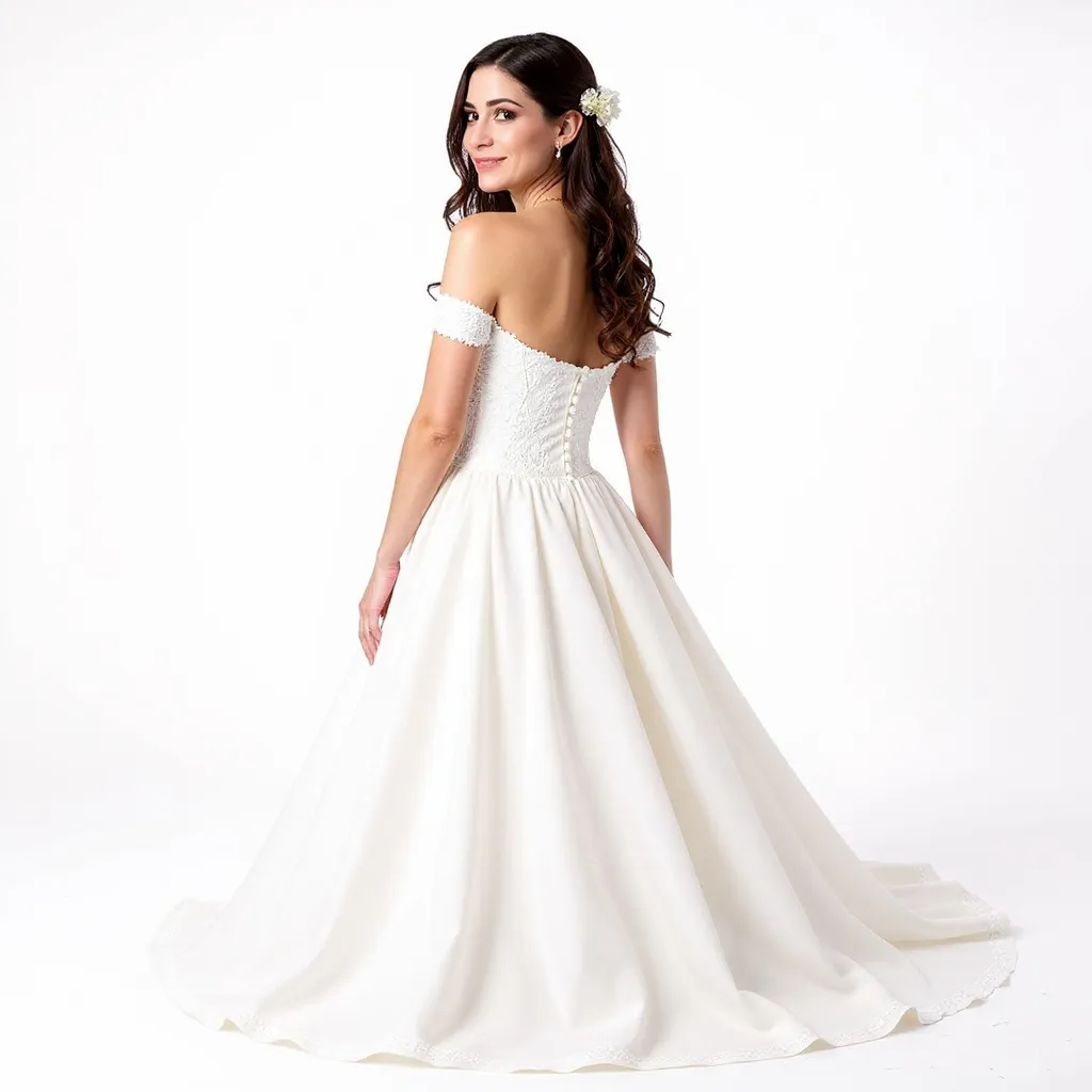 Mariée avec cheveux mi-lâchés torsadés sur les côtés, fixés à l’arrière avec des fleurs blanches, robe fluide champêtre