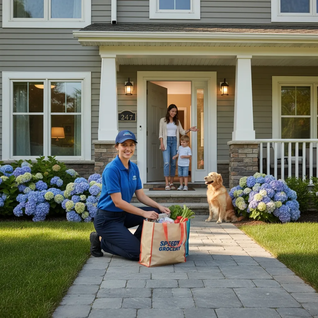 Livreuse déposant des sacs de courses devant une maison familiale, sourire et convivialité.