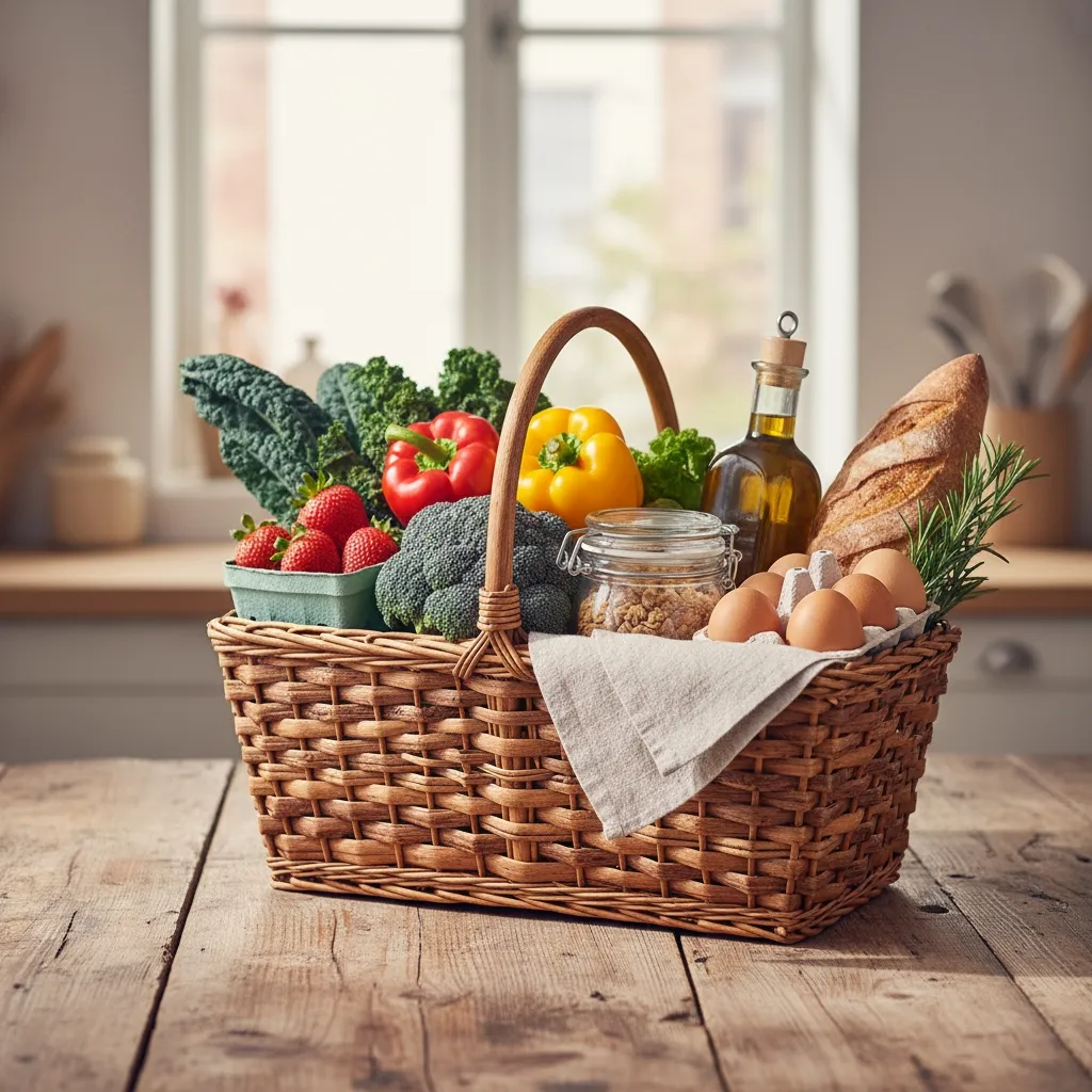 Panier de courses équilibré posé sur une table, avec produits frais et basiques alignés proprement