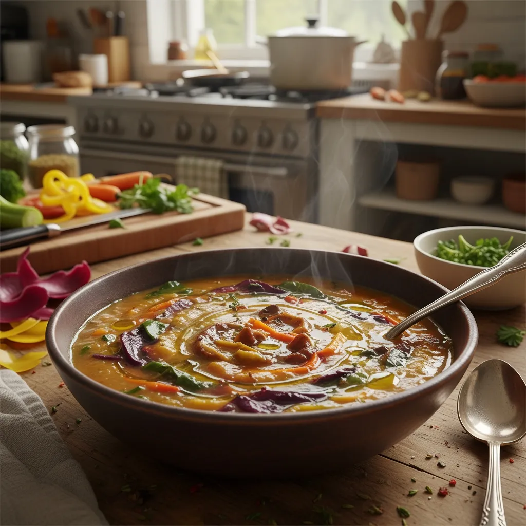 Restes de légumes transformés en soupe colorée servie dans un bol rustique.