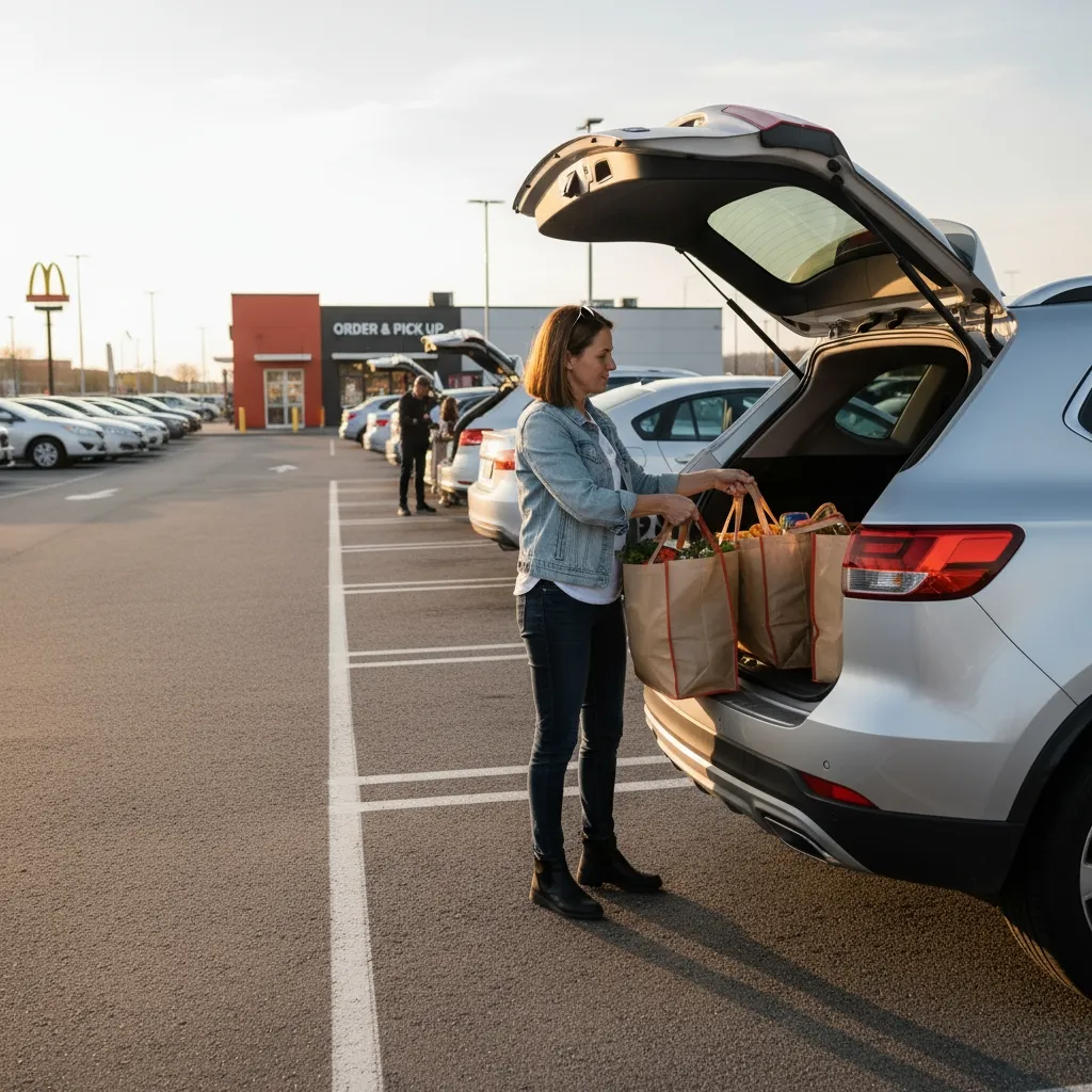 Femme rangeant ses sacs de courses dans le coffre de sa voiture sur un parking de drive.