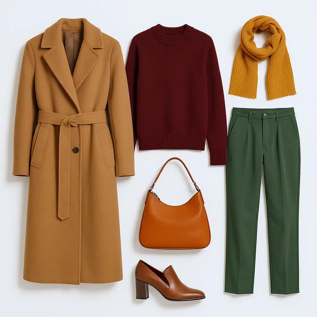 Moodboard de vêtements automne : manteau camel, pull bordeaux, pantalon vert sapin, sac terracotta et écharpe moutarde.
