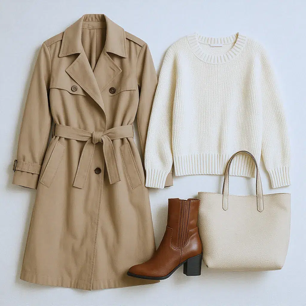 Sélection de vêtements posés à plat : trench beige, pull en maille crème, bottines en cuir marron et sac cabas, lumière douce.