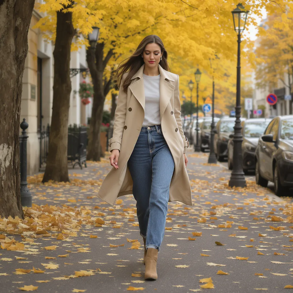 Une femme élégante marchant dans une rue bordée d’arbres aux feuilles dorées, portant un trench beige, un jean droit et des bottines, lumière automnale douce, style chic parisien.
