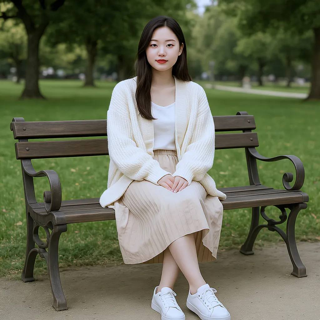 Jeune femme assise sur un banc au parc, vêtue d’une jupe midi plissée beige, cardigan oversize crème et baskets blanches.