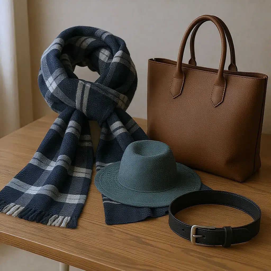 Sélection d’accessoires posés sur une table : écharpe XXL à carreaux, chapeau en feutre camel, sac cabas en cuir et ceinture large.