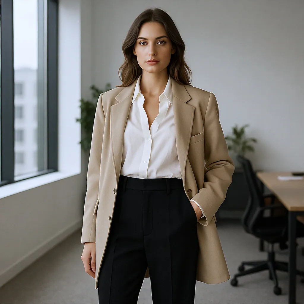 Femme dans un bureau moderne, portant un pantalon taille haute noir, chemise fluide blanche et blazer oversize beige.