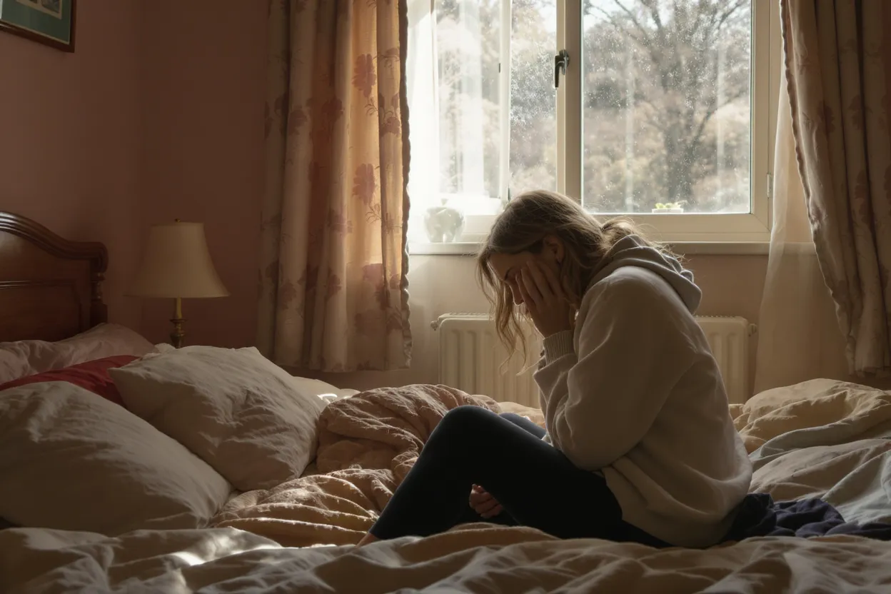 Femme pensive assise sur son lit au crépuscule après une déception amoureuse