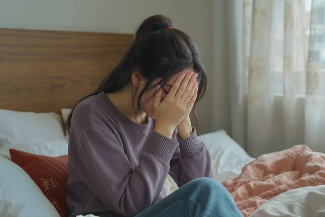 Femme émotive assise seule dans son lit après une déception amoureuse