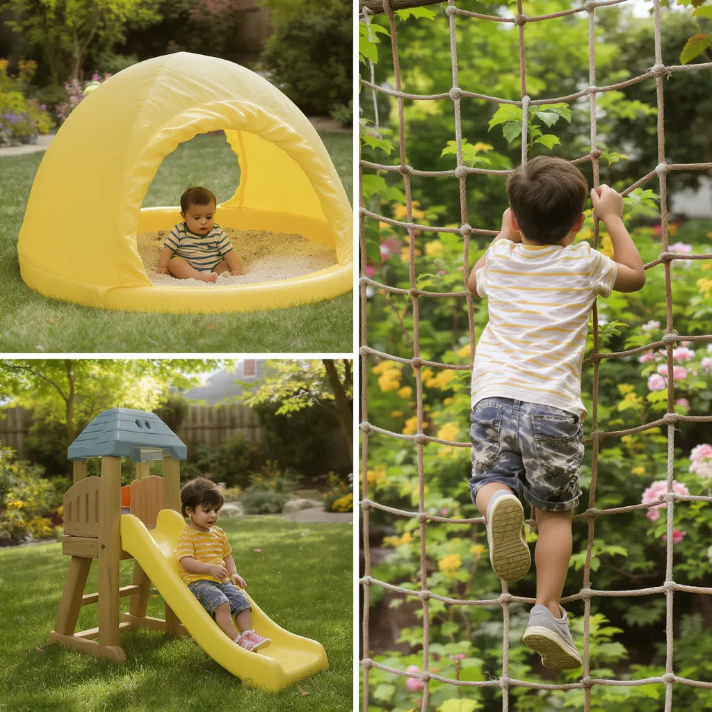 Exemples d’aires de jeux adaptées aux âges des enfants dans un jardin familial.