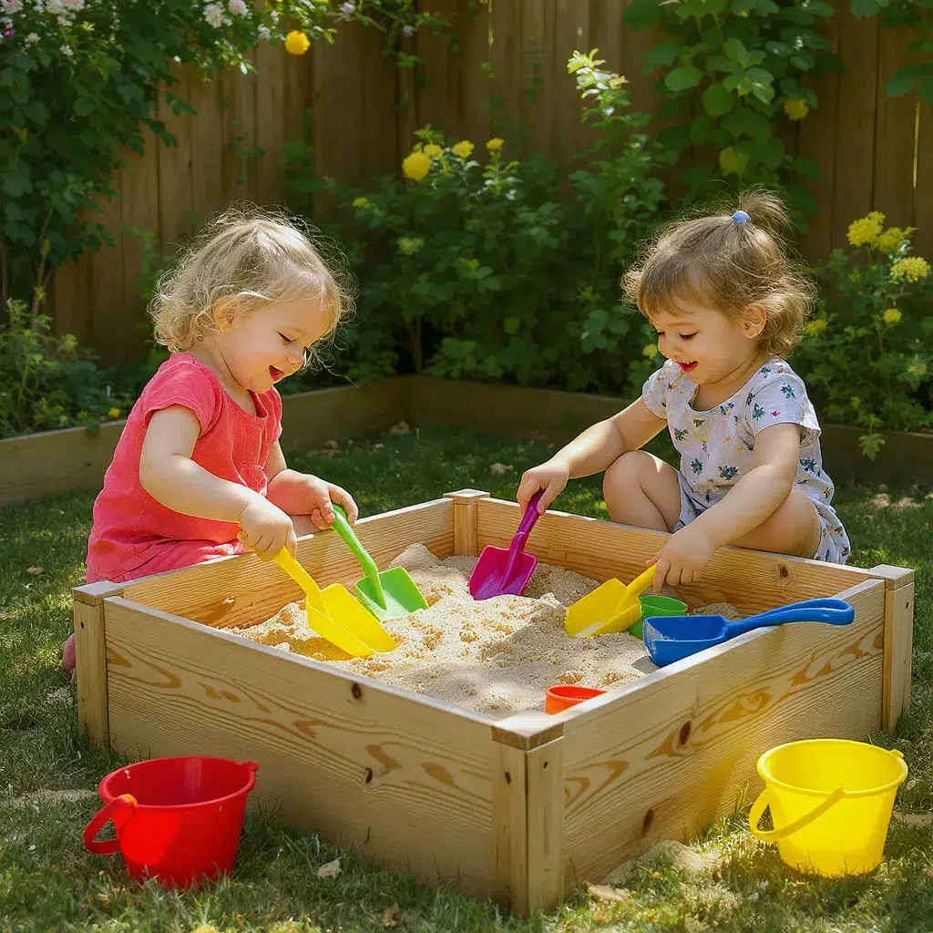 Bac à sable en bois fabriqué maison où deux enfants jouent joyeusement.