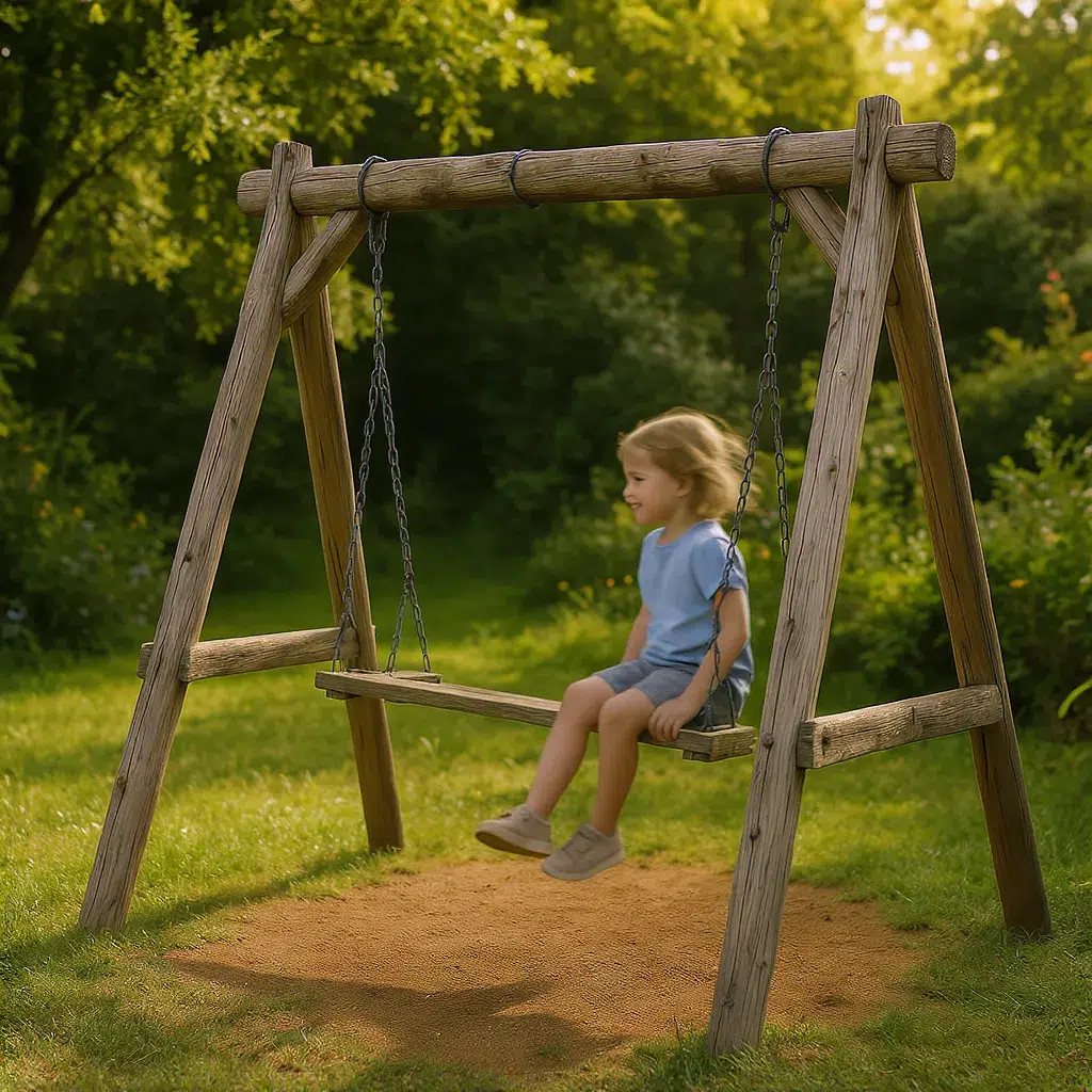 Enfant jouant sur une balançoire en bois installée dans un jardin verdoyant.