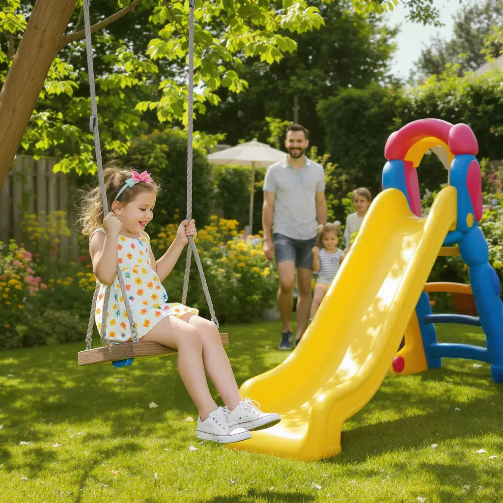 Enfant jouant dans une aire de jeux avec balançoire et toboggan installés dans un jardin familial