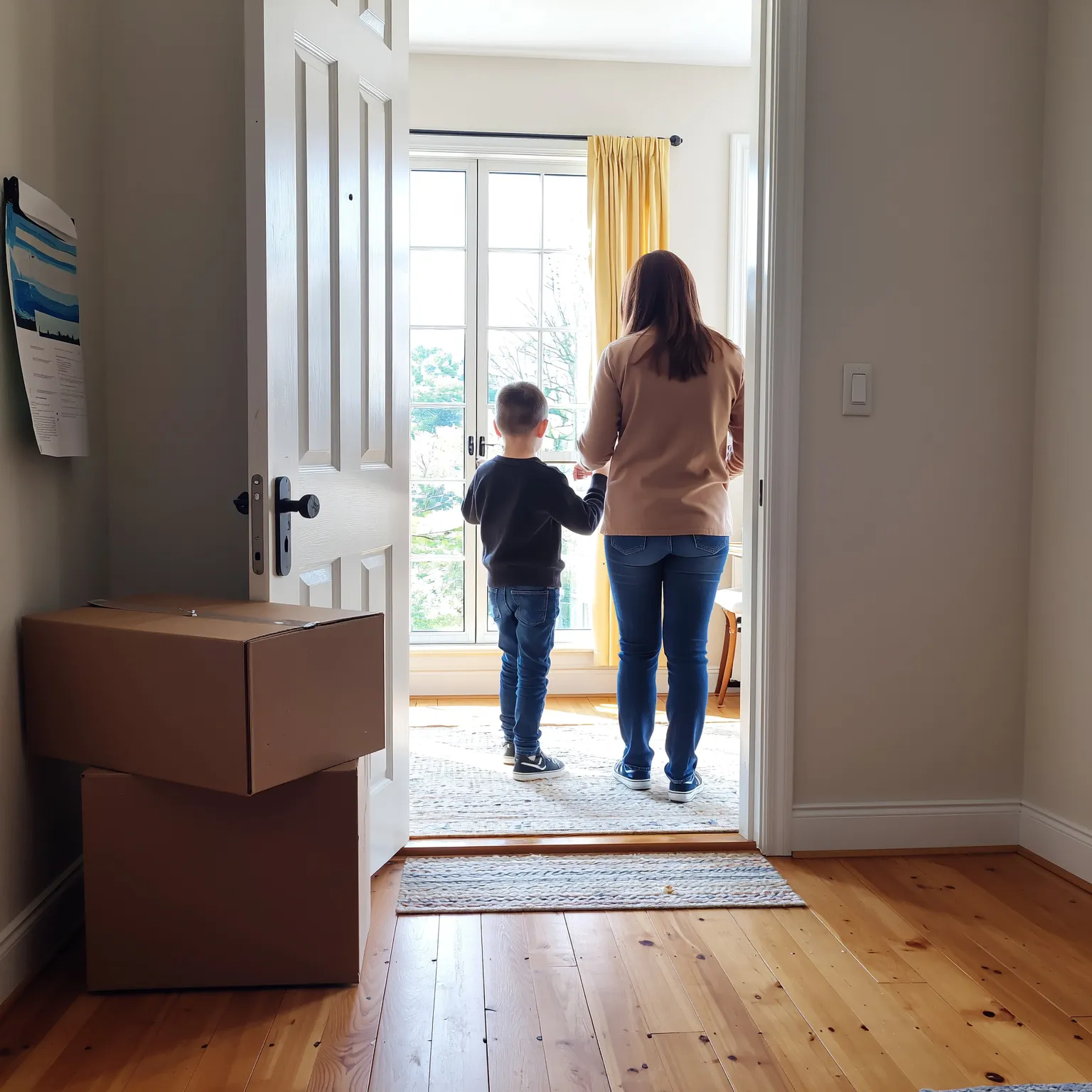 Mère et enfant main dans la main dans un appartement lumineux avec cartons de déménagement, prêts à emménager dans un logement neuf