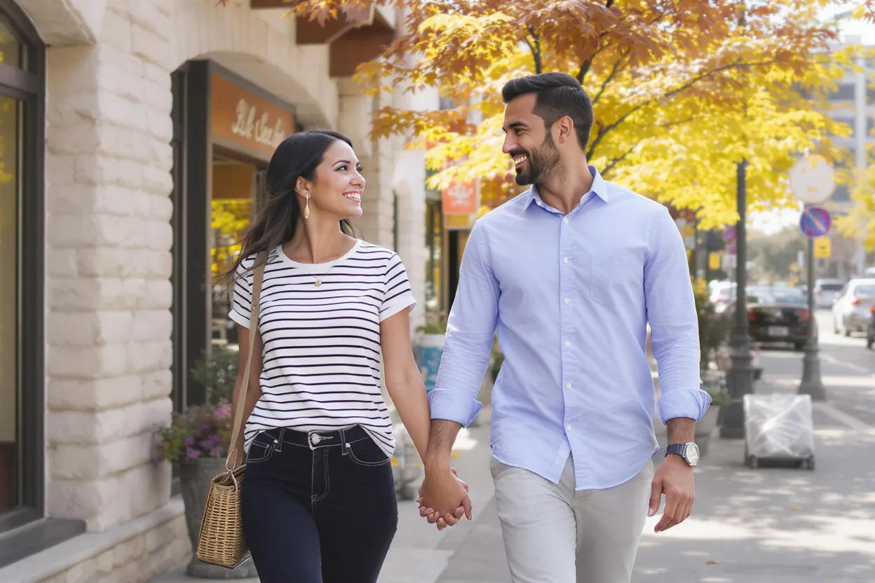 couple amoureux marchant main dans la main en ville