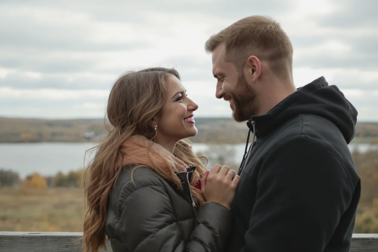 Couple amoureux échangeant un regard complice au bord d'un étang