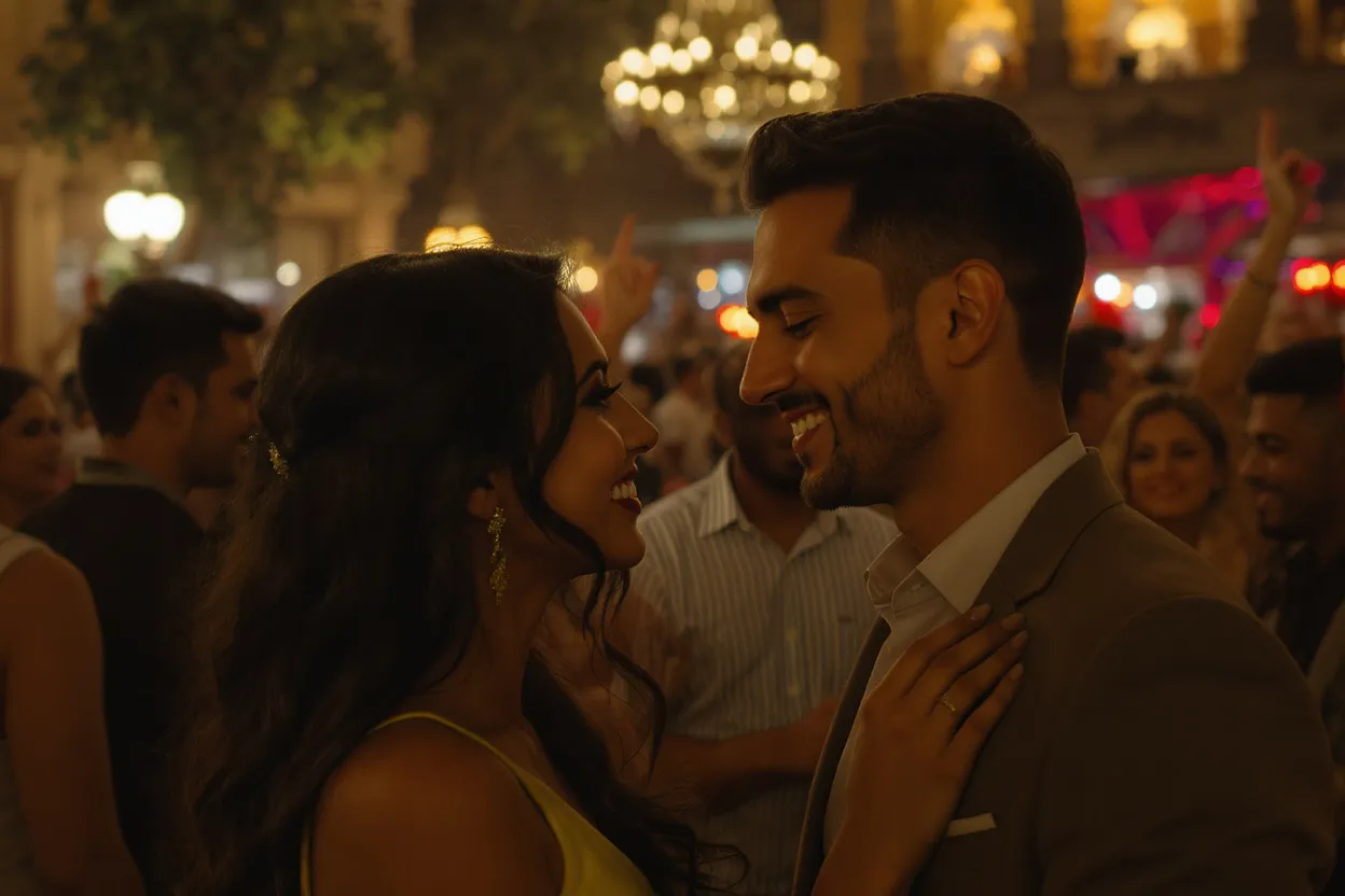 Couple amoureux dans une soirée festive entourée de gens, l'homme ne regardant pas les autres femmes
