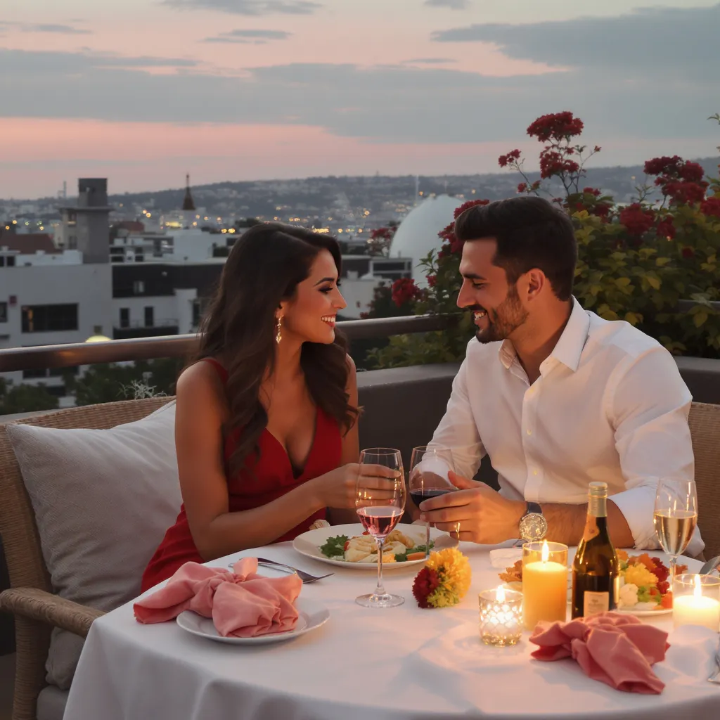 Couple souriant partageant un dîner romantique en terrasse au coucher du soleil, ambiance intimiste.