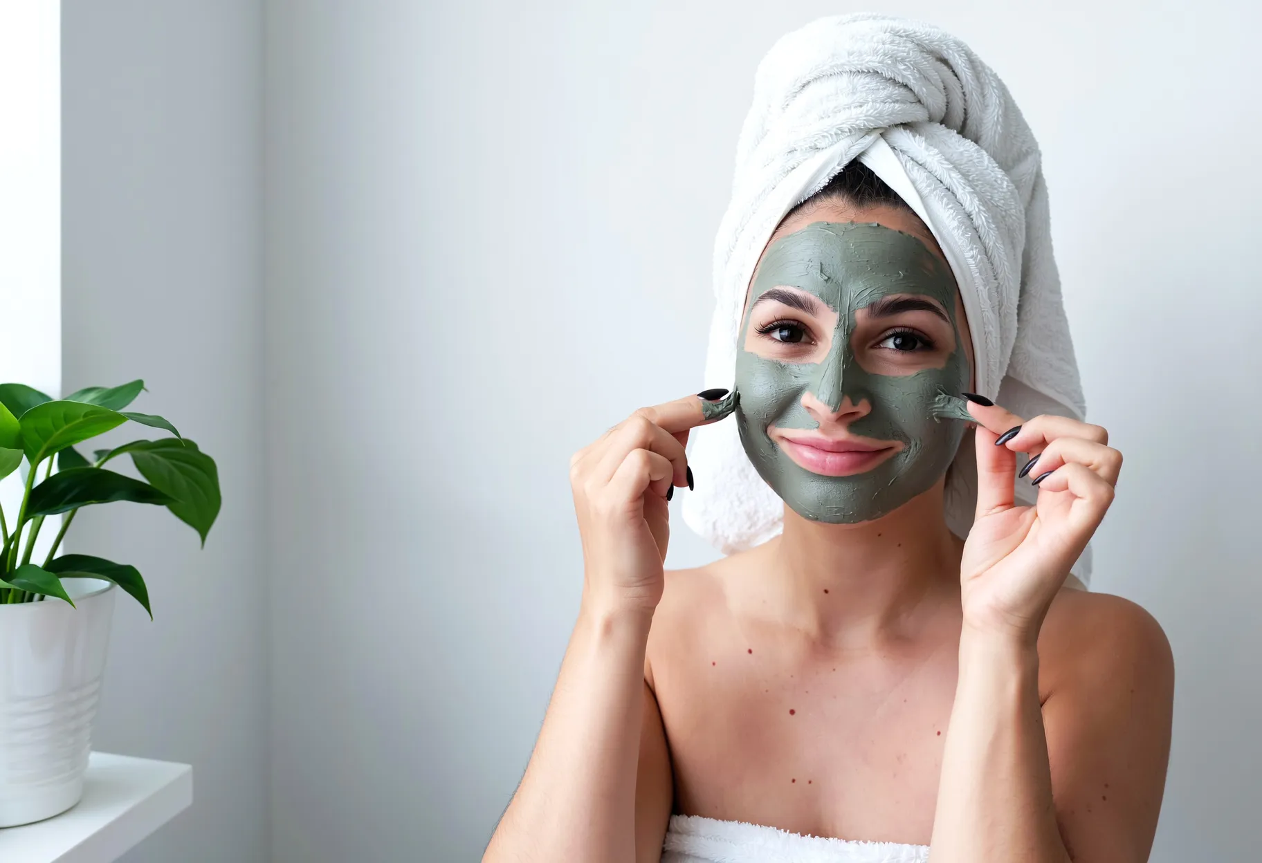 Jeune femme détendue, serviette sur les cheveux, appliquant un masque visage à l’argile, ambiance spa maison minimaliste.