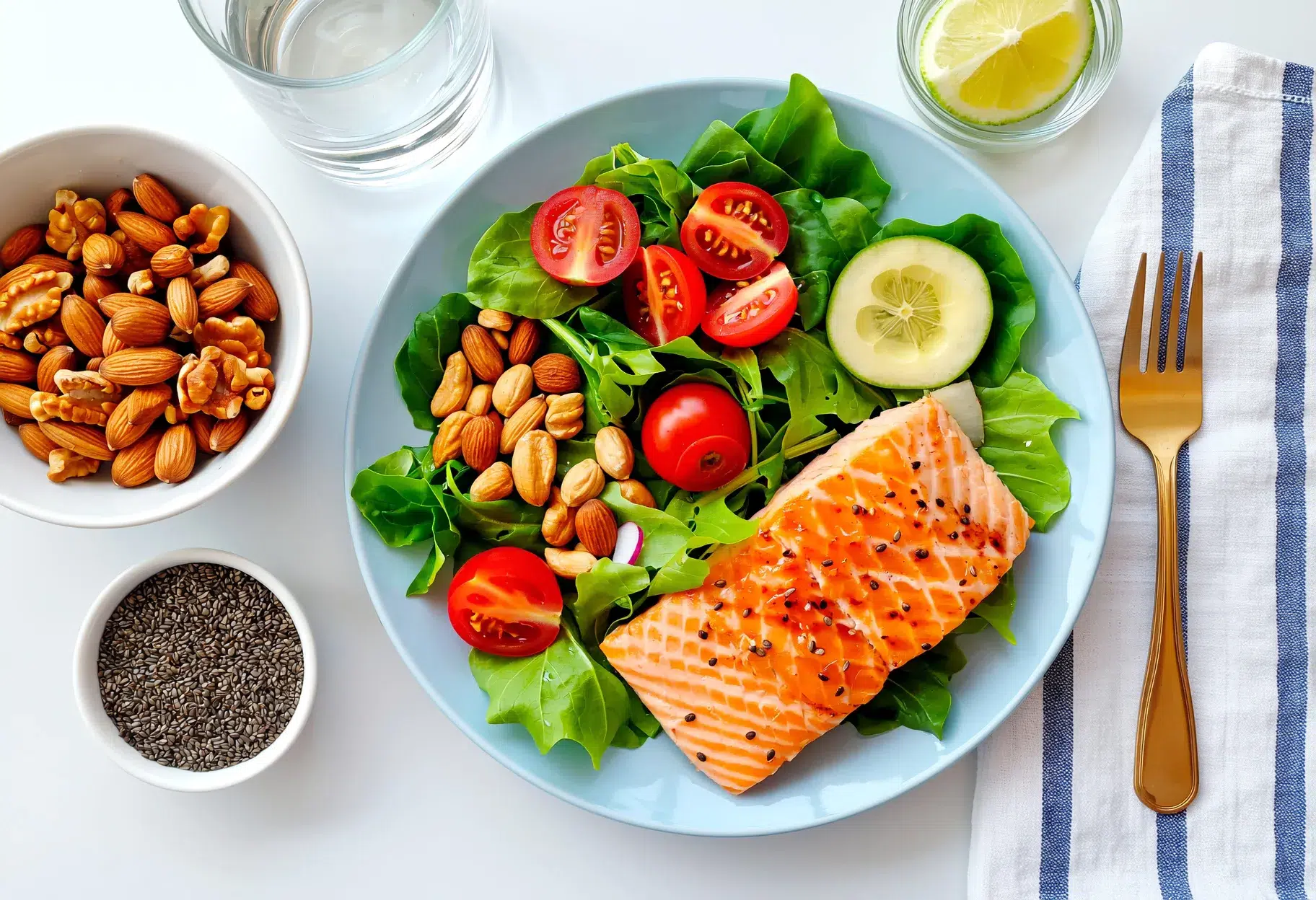 Bol de salade fraîche avec noix, saumon et graines de chia, aliments bénéfiques pour la peau.