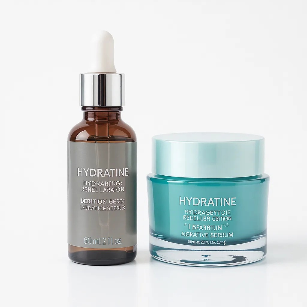 Sérum hydratant et crème posés côte à côte pour une routine beauté complète