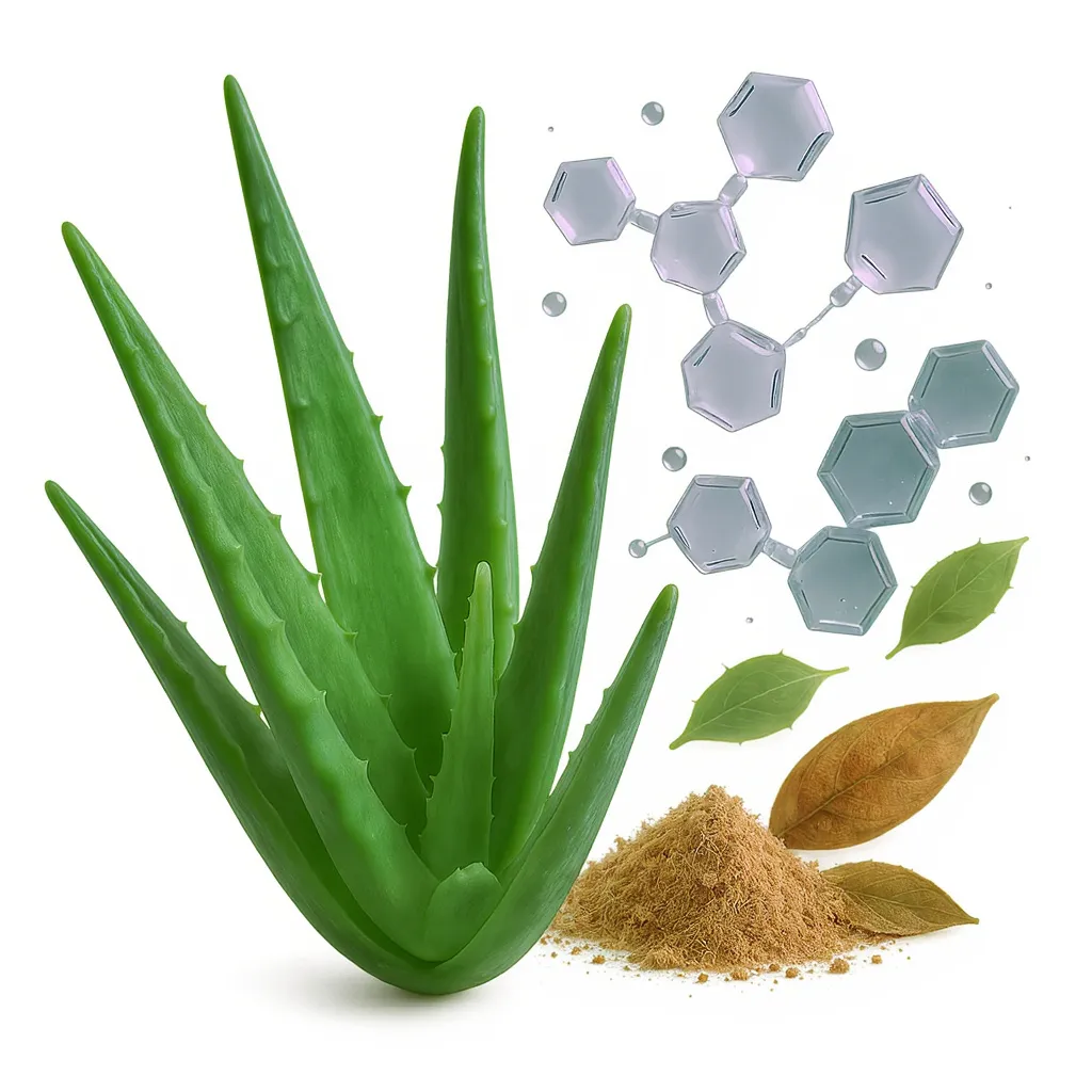 Aloe vera, acide hyaluronique et autres actifs hydratants naturels en présentation visuelle