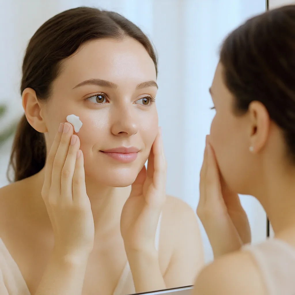 Femme appliquant une crème visage adaptée à son type de peau devant un miroir