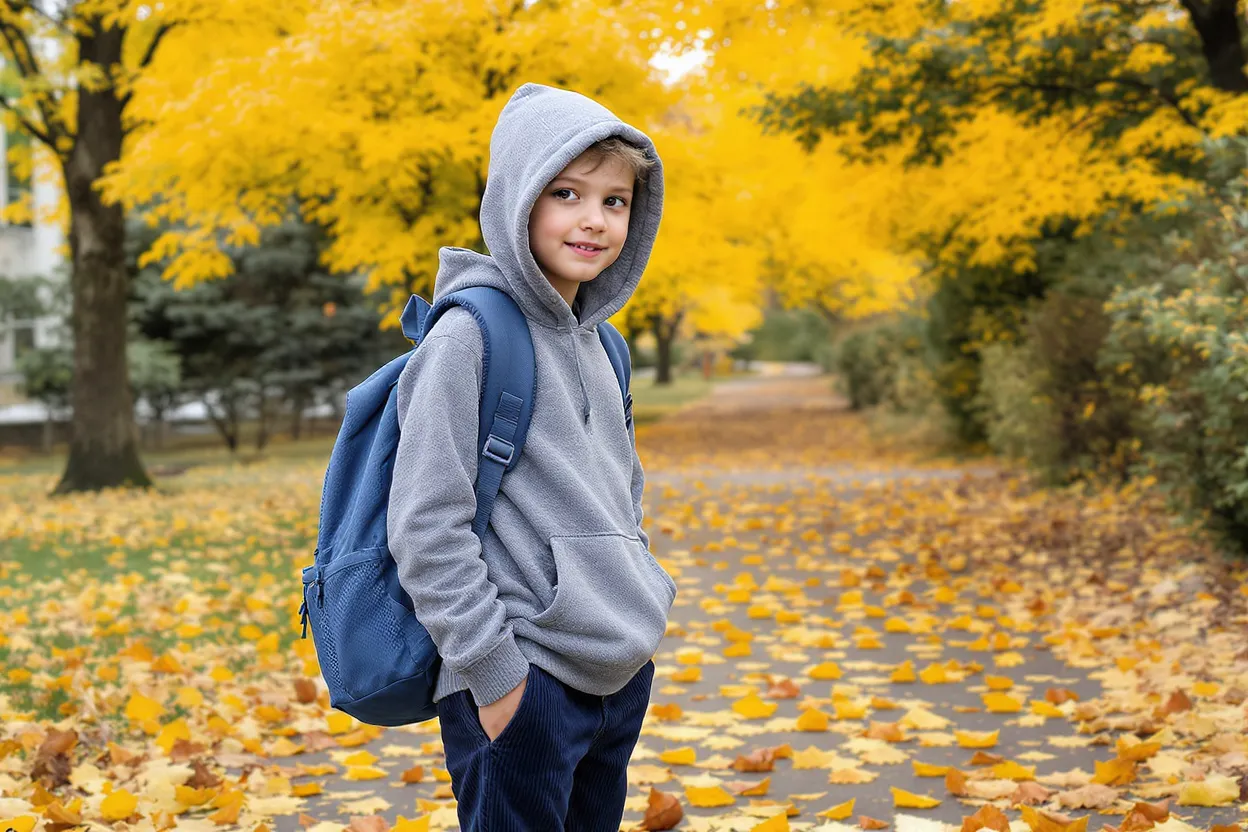 Enfant garçon de 8 ans, habillé pour l’école en automne : sweat à capuche gris chiné, pantalon en velours côtelé bleu marine, coupe-vent léger vert kaki. Décor : sortie d’école avec sac à dos, ambiance automnale, feuilles au sol.