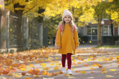 Petite fille 7 ans habillée pour l’école en automne avec robe-pull moutarde, collants bordeaux et baskets confortables