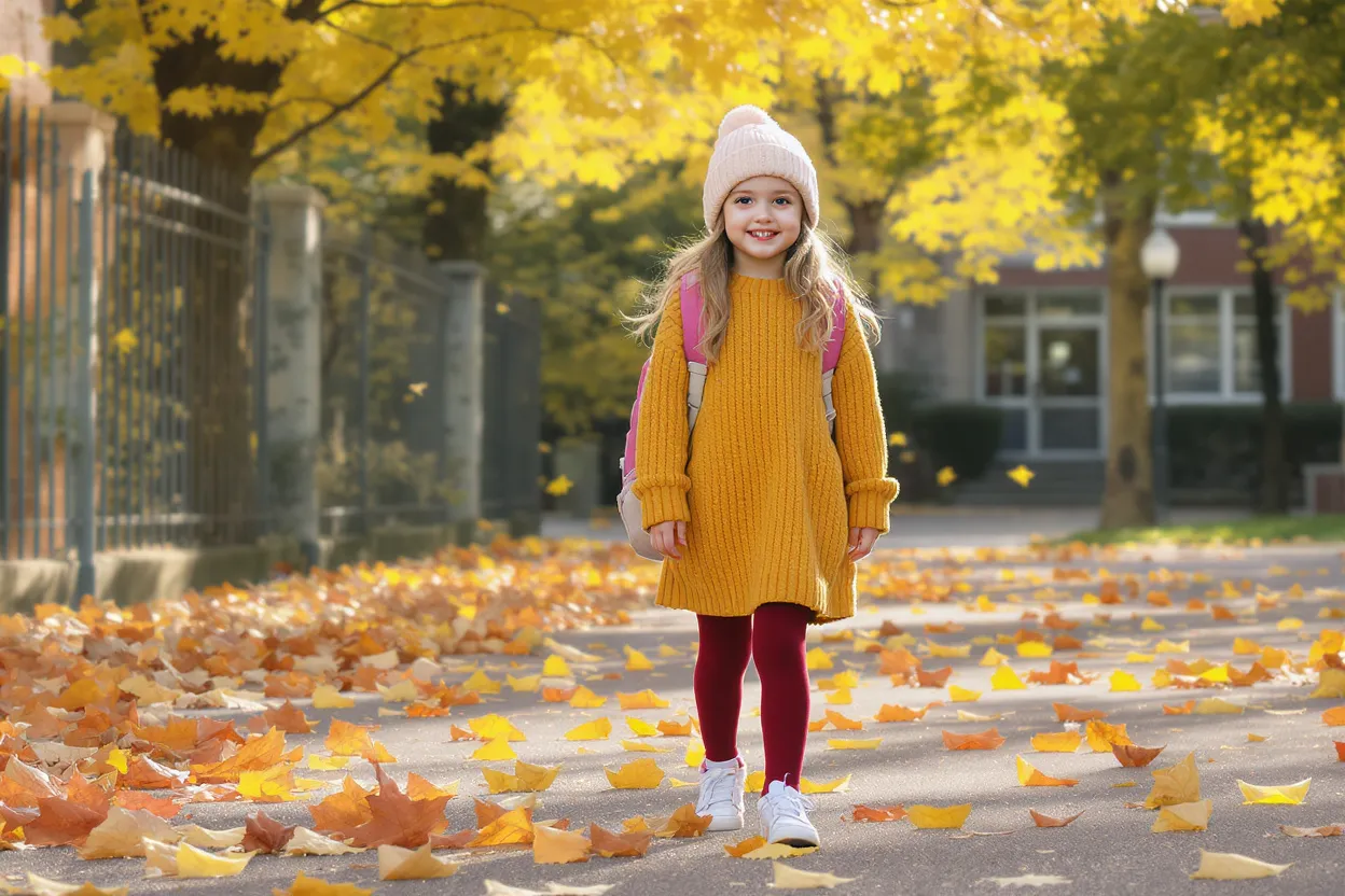 Petite fille 7 ans habillée pour l’école en automne avec robe-pull moutarde, collants bordeaux et baskets confortables